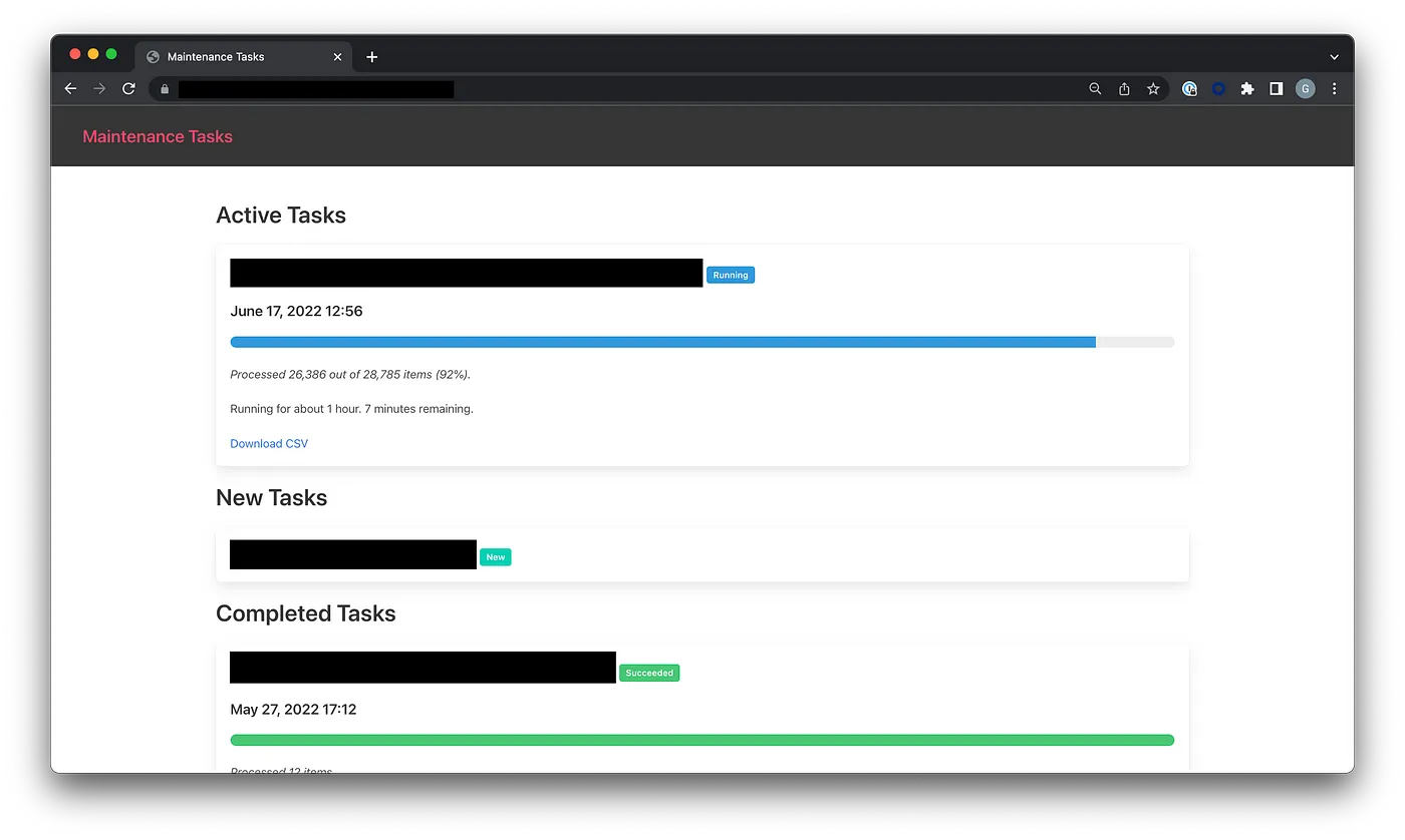 Maintenance Tasks dashboard showing migration progress